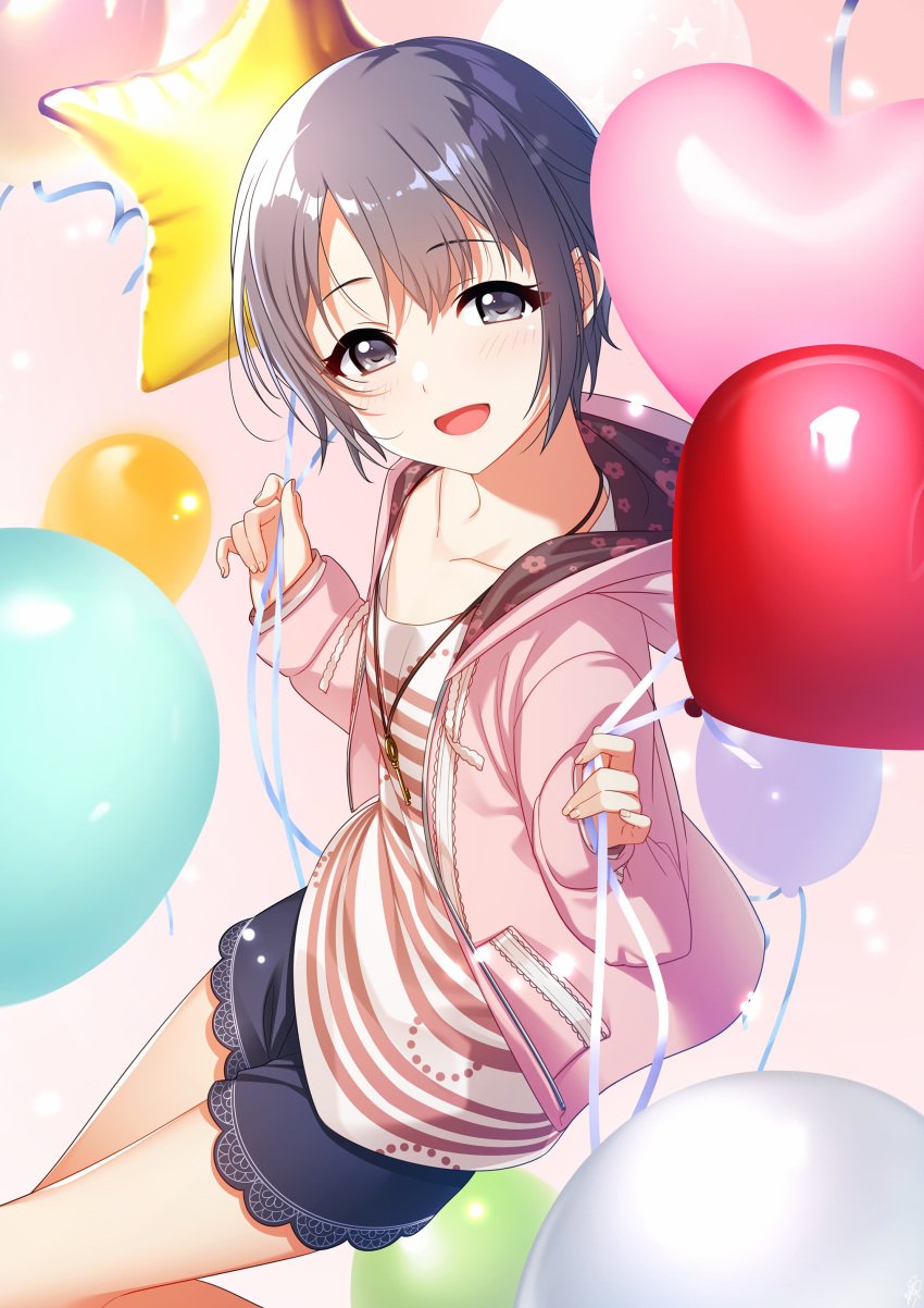 1girl absurdres balloon collarbone commentary_request grey_eyes grey_hair heart_balloon highres hood hooded_jacket idolmaster idolmaster_cinderella_girls jacket jewelry key_necklace looking_at_viewer mikapoe necklace open_mouth otokura_yuuki pink_background pink_jacket short_hair shorts sleeves_past_wrists solo thighs
