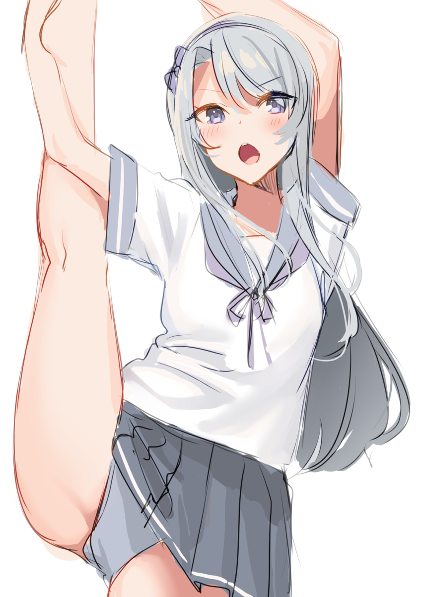 1girl asymmetrical_bangs bangs commentary_request cowboy_shot grey_eyes grey_hairband grey_panties grey_sailor_collar grey_skirt hairband highres kantai_collection long_hair looking_at_viewer mizuki_eiru_(akagi_kurage) panties pantyshot pleated_skirt sagiri_(kantai_collection) sailor_collar school_uniform serafuku short_sleeves silver_hair simple_background skirt solo split standing standing_on_one_leg standing_split swept_bangs underwear white_background