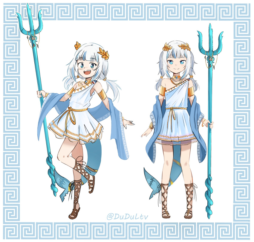 1girl :d absurdres alternate_costume armlet bangs bare_shoulders blue_eyes blue_hair blunt_bangs boots bracelet commentary cross-laced_footwear dress dudul english_commentary eyebrows_visible_through_hair fish_tail gawr_gura greek_clothes highres hololive hololive_english jewelry lace-up_boots laurel_crown long_hair looking_at_viewer low_twintails multicolored_hair multiple_views polearm sash shark_tail sharp_teeth shawl simple_background single_strap smile tail tail_ornament tail_ring teeth trident twintails twitter_username two-tone_hair virtual_youtuber weapon white_background white_dress white_hair