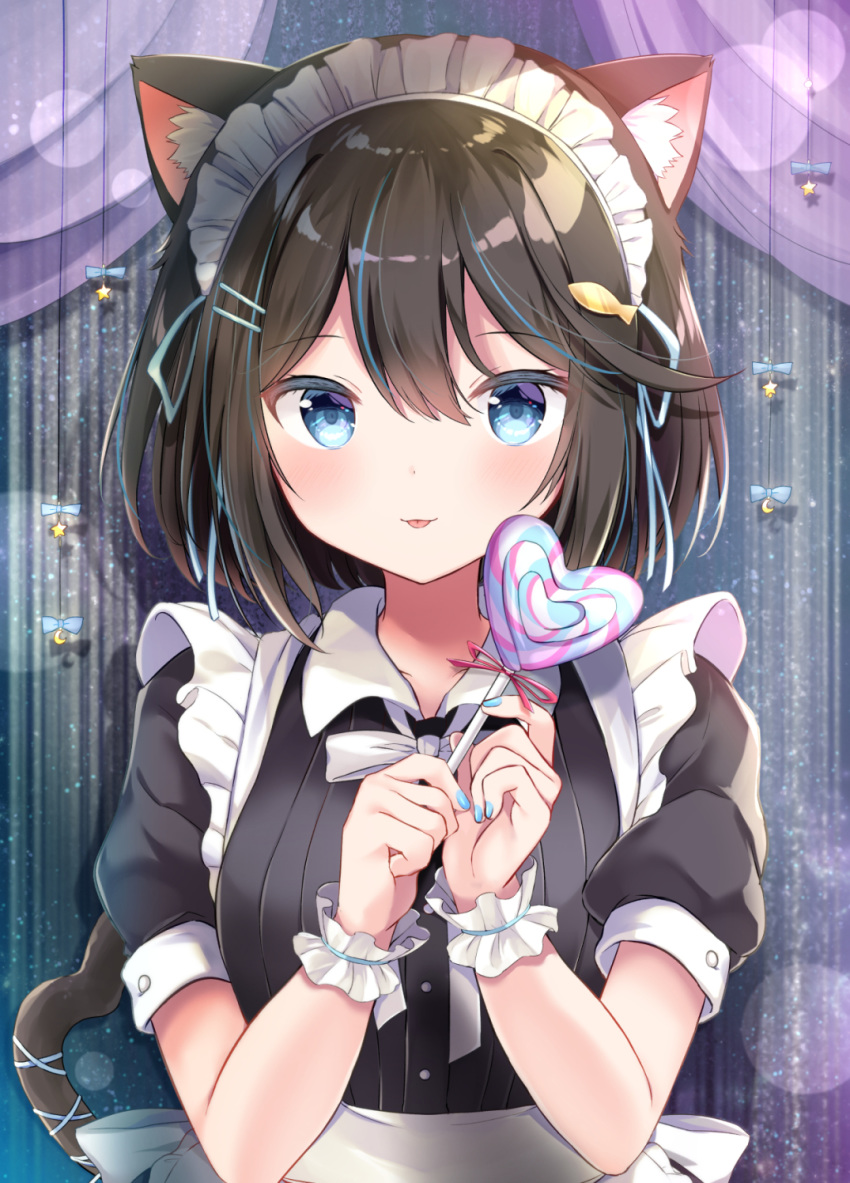 1girl :p animal_ear_fluff animal_ears apron bangs black_dress black_hair blue_eyes breasts candy cat_ears cat_girl cat_tail closed_mouth commentary_request curtains dress eyebrows_visible_through_hair food hair_between_eyes hands_up heart_lollipop highres holding holding_candy holding_food holding_lollipop lollipop looking_at_viewer maid maid_headdress masayo_(gin_no_ame) original puffy_short_sleeves puffy_sleeves short_sleeves small_breasts smile solo swirl_lollipop tail tail_raised tongue tongue_out upper_body white_apron wrist_cuffs