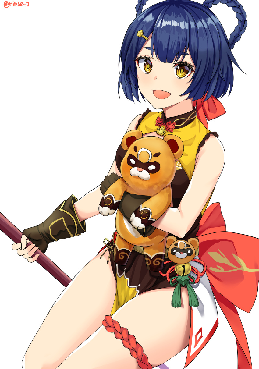 1girl :d absurdres animal animal_hug bangs bare_shoulders bell black_gloves blue_hair blush bow braid breasts china_dress chinese_clothes dress fingerless_gloves genshin_impact gloves gouba_(genshin_impact) hair_ornament hairclip highres holding holding_animal large_bow looking_at_viewer open_mouth panda red_bow rinse_7 short_hair simple_background small_breasts smile solo weapon white_background xiangling_(genshin_impact) yellow_dress