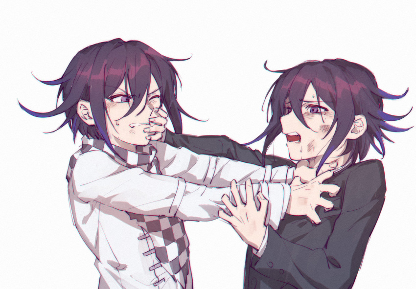 attack bangs black_hair black_jacket bruise bruise_on_face checkered checkered_scarf clenched_teeth commentary_request dangan_ronpa dual_persona ewa_(seraphhuiyu) eyebrows_visible_through_hair hair_between_eyes highres injury jacket long_sleeves male_focus multiple_boys new_dangan_ronpa_v3 open_mouth ouma_kokichi purple_hair pushing_away scarf shirt simple_background straitjacket teeth throat_grab upper_body violet_eyes white_background white_jacket