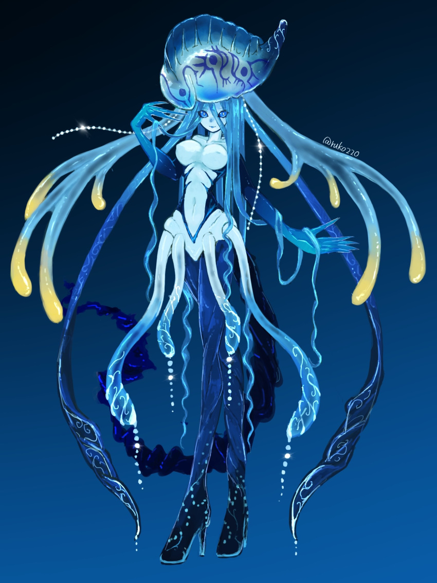 1girl black_sclera blue_background blue_eyes blue_hair blue_skin breasts collarbone commentary_request crossed_legs eyebrows_visible_through_hair eyes_visible_through_hair full_body gradient gradient_background high_heels highres jellyfish large_breasts long_fingers long_hair monster_girl navel original portuguese_man_o'_war signature solo tentacle_hair user_rcpg5483 very_long_hair watson_cross