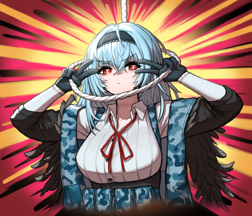 &gt;:) 1girl bangs black_gloves camouflage cheogtanbyeong collar collarbone collared_shirt eyebrows_visible_through_hair feathers girls_frontline gloves glowing hair_between_eyes hairband highres holding holding_rope load_bearing_vest long_hair long_sleeves neck_ribbon neck_scar noose off_shoulder red_eyes red_neckwear red_ribbon ribbon rope shirt silver_hair solo sparkle thunder_(girls_frontline) v v_over_eye