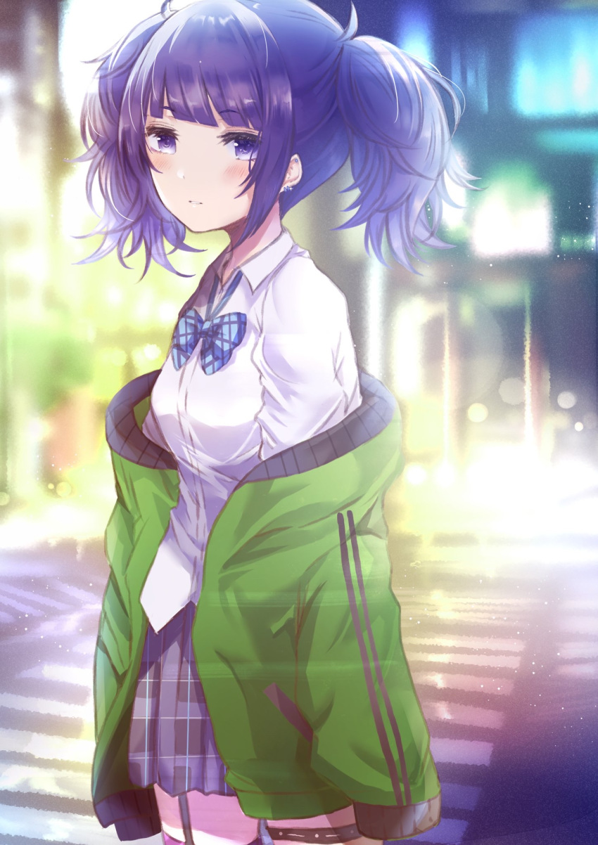 1girl blush breasts city cityscape ear_piercing earrings garter_straps garters highres idolmaster idolmaster_shiny_colors jacket jewelry looking_at_viewer medium_breasts namamake piercing purple_hair scenery school_uniform short_twintails sidelocks solo tanaka_mamimi twintails violet_eyes