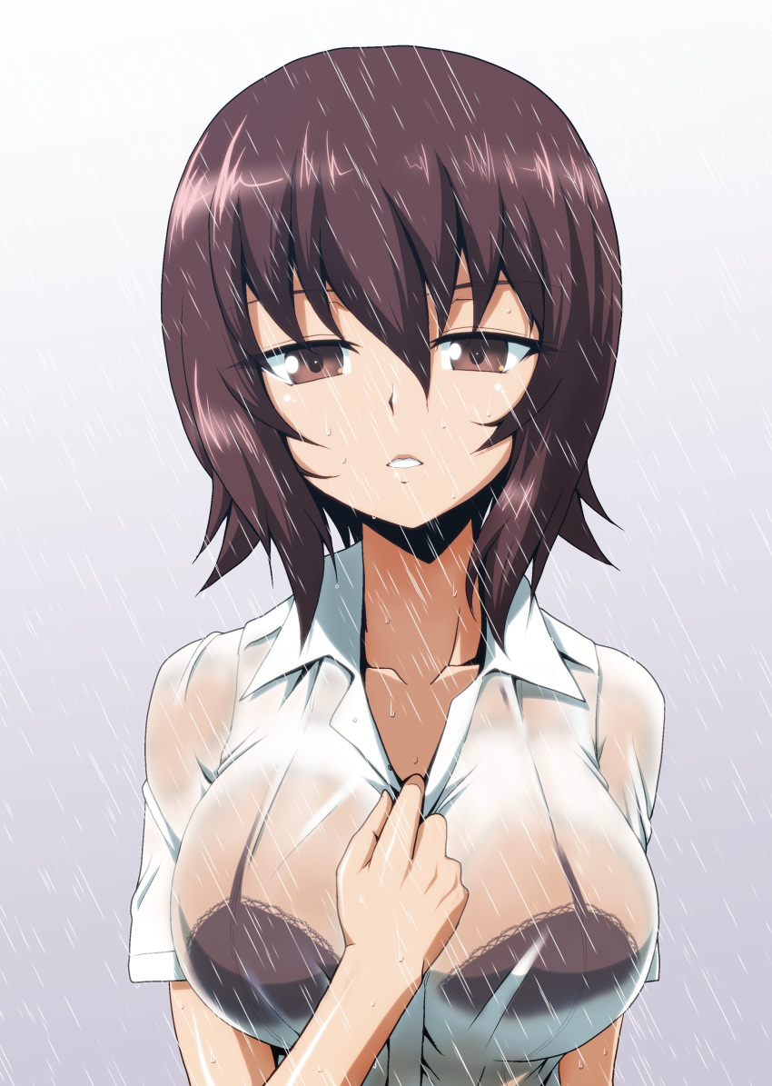 1girl absurdres alternate_costume bra_through_clothes breasts brown_eyes brown_hair collar_tug girls_und_panzer hair_between_eyes highres kamishima_kanon large_breasts nishizumi_maho rain see-through short_hair solo upper_body wet wet_clothes