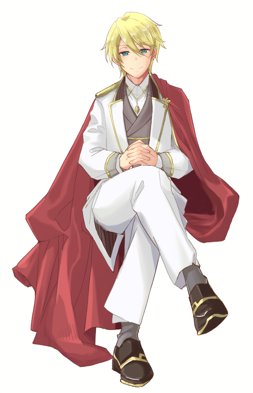 1boy blonde_hair blue_eyes cape formal full_body geordo_stuart grey_legwear grey_vest hands_together highres interlocked_fingers invisible_chair jewelry long_sleeves looking_at_viewer male_focus mutton_(user_hafp8324) necklace otome_game_no_hametsu_flag_shika_nai_akuyaku_reijou_ni_tensei_shite_shimatta red_cape simple_background sitting smile solo suit vest white_background white_suit