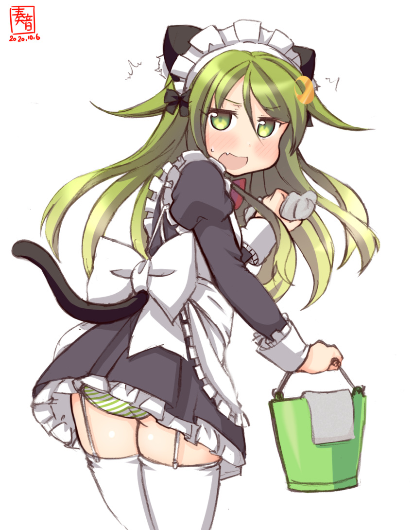 1girl alternate_costume animal_ears apron artist_logo ass black_dress bucket cat_ears cat_tail commentary_request crescent crescent_hair_ornament dated dress enmaided fang frilled_apron frills from_behind garter_straps green_eyes green_hair hair_ornament highres kanon_(kurogane_knights) kantai_collection long_hair looking_at_viewer looking_back maid nagatsuki_(kantai_collection) panties rag simple_background skin_fang solo striped striped_panties tail thigh-highs underwear white_apron white_background white_legwear