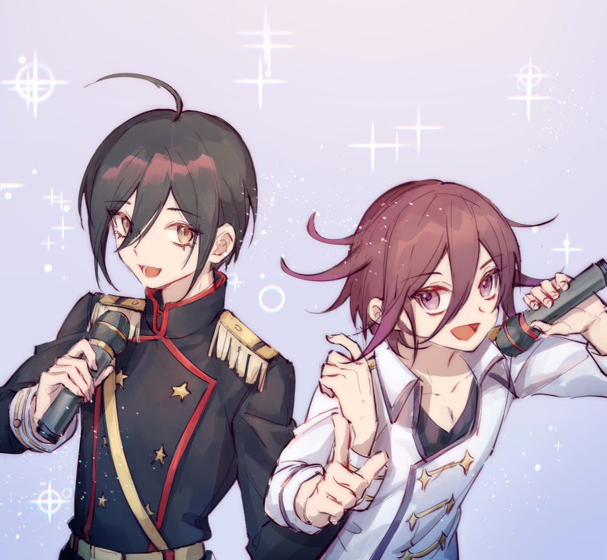 2boys :d ahoge alternate_costume androgynous bell black_hair black_shirt brown_eyes brown_hair collarbone commentary_request dangan_ronpa epaulettes ewa_(seraphhuiyu) hair_bell hair_between_eyes hair_ornament hands_up highres holding holding_microphone index_finger_raised jacket long_sleeves looking_at_viewer male_focus microphone military military_uniform multiple_boys new_dangan_ronpa_v3 open_mouth ouma_kokichi pointing pointing_at_viewer purple_hair saihara_shuuichi shirt sketch smile sparkle uniform upper_body violet_eyes weapon white_jacket