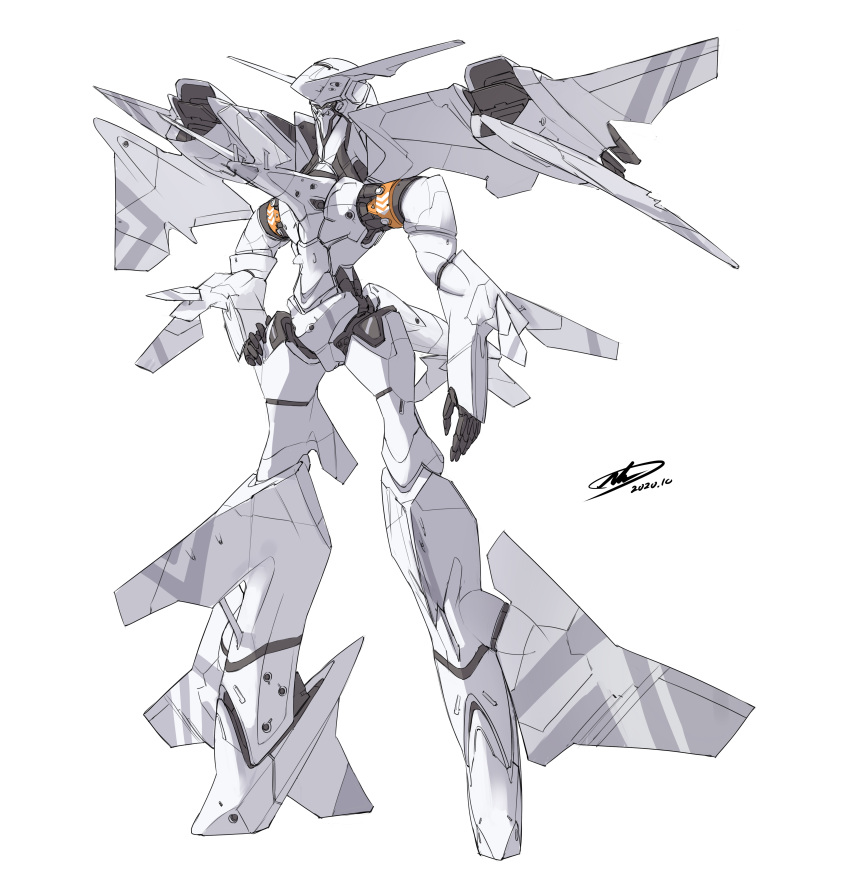 absurdres andrew_leung dated hand_on_hip highres mecha mechanical_wings no_humans original signature solo standing white_background white_eyes wings