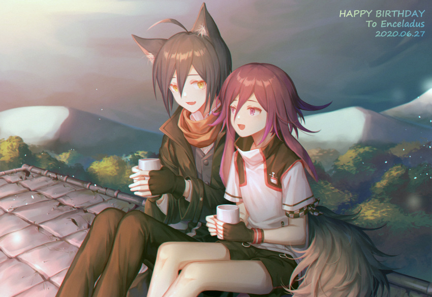 2boys :d ahoge alternate_costume animal_ears black_gloves black_hair black_jacket black_shirt black_shorts brown_eyes brown_pants checkered commentary_request cup dangan_ronpa dated day ewa_(seraphhuiyu) fingerless_gloves gloves happy_birthday highres holding holding_cup jacket long_hair looking_at_another mountainous_horizon multiple_boys new_dangan_ronpa_v3 open_mouth orange_scarf ouma_kokichi outdoors pants purple_hair saihara_shuuichi scarf shirt short_hair short_sleeves shorts sitting smile tail tree vest white_shirt wolf_boy wolf_ears wolf_tail