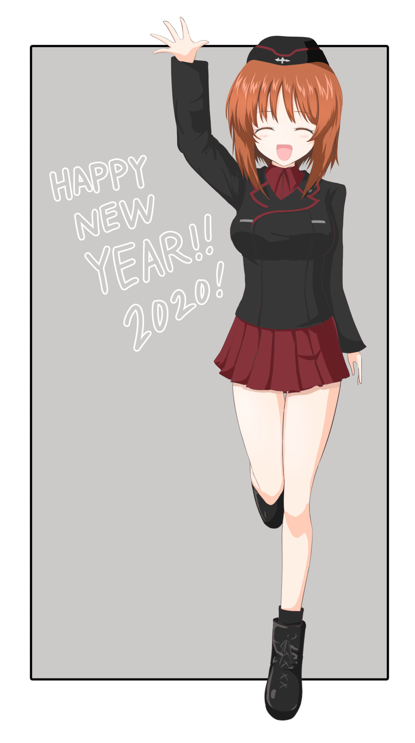 1girl 2020 absurdres aikir_(jml5160) border brown_hair closed_eyes english_text garrison_cap girls_und_panzer grey_background happy_new_year hat highres kuromorimine_military_uniform new_year nishizumi_miho outside_border red_skirt school_uniform short_hair skirt smile solo waving white_border