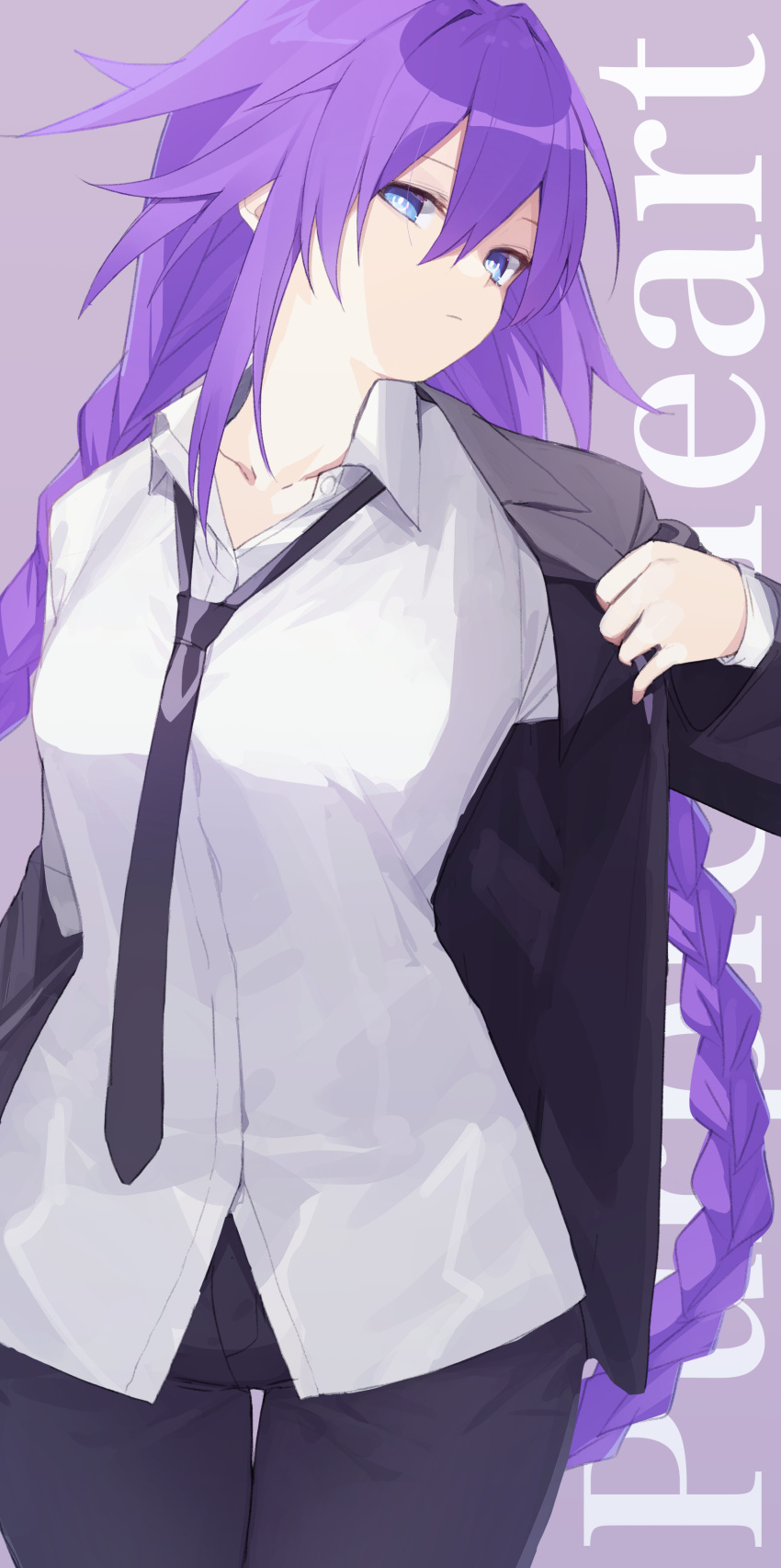 1girl absurdres alternate_costume bare_shoulders black_pants blue_eyes braid braided_ponytail breasts bright_pupils buran_buta eyebrows_behind_hair hair_between_eyes hand_up highres long_hair long_sleeves looking_at_viewer low_twintails medium_breasts neptune_(series) pants purple_hair purple_heart shirt sidelocks solo twintails very_long_hair white_pupils wide_sleeves