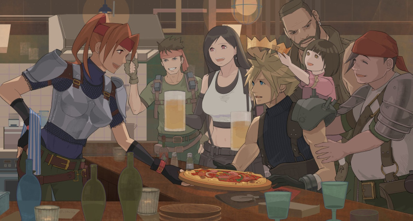 3girls 4boys :d ^_^ alcohol arm_grab armor bandana bar barret_wallace beard beer beer_mug belt_buckle biggs_(ff7) birthday blonde_hair blue_eyes bottle breasts brown_eyes brown_footwear brown_hair buckle clenched_hand closed_eyes cloud_strife collarbone crop_top crown cup dark_skin earrings elbow_gloves eye_contact facial_hair father_and_daughter final_fantasy final_fantasy_vii final_fantasy_vii_remake fingerless_gloves fingernails food gloves green_pants green_shirt grin hand_on_hip headband highres holding holding_person holding_tray indoors jessie_rasberry jewelry kitchen lamp large_breasts light long_hair looking_at_another marlene_wallace midriff mug multiple_boys multiple_girls muscle open_mouth pants pink_shirt pizza ponytail pot red_eyes red_headwear shillo shirt shoes shoulder_armor sitting size_difference sleeveless sleeveless_jacket sleeveless_turtleneck smile spiky_hair standing striped_towel t-shirt taut_clothes teeth thumbs_up tifa_lockhart towel tray turtleneck wedge_(ff7) white_shirt