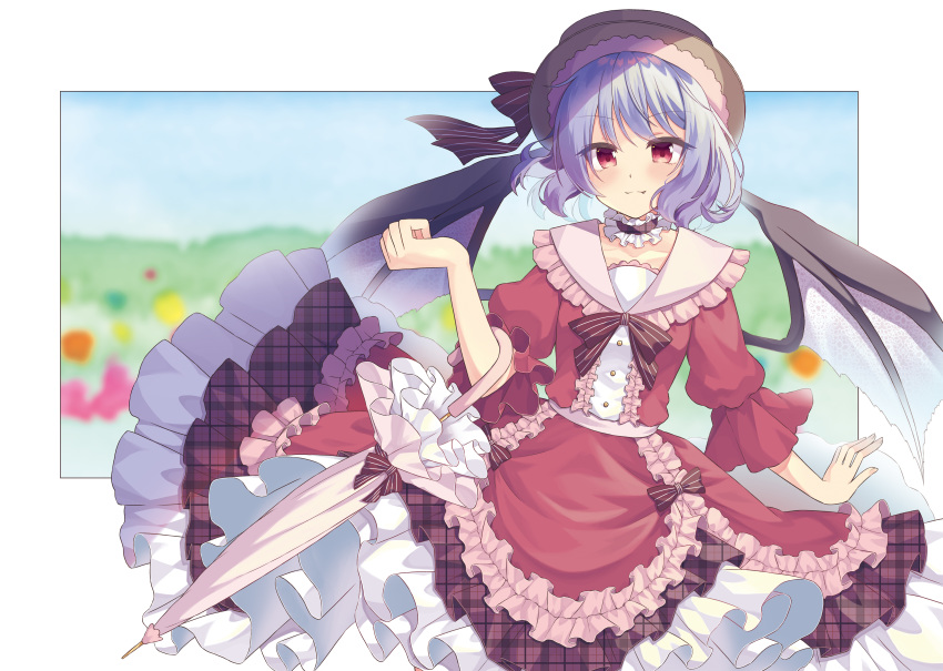 1girl absurdres alternate_costume bat_wings beni_kurage black_headwear blue_hair blush bow choker commentary_request cowboy_shot dress fang fang_out frilled_choker frilled_dress frills hand_up hat hat_ribbon highres looking_at_viewer medium_hair pink_umbrella red_dress red_eyes remilia_scarlet ribbon short_sleeves smile solo striped striped_bow touhou umbrella wings