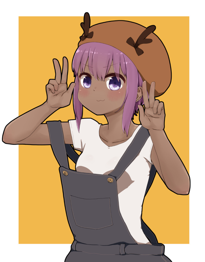 1girl :3 antlers bangs beret blush breasts brown_headwear closed_mouth collarbone dark_skin double_w eyebrows_visible_through_hair fake_antlers fate/prototype fate/prototype:_fragments_of_blue_and_silver fate_(series) hair_between_eyes hands_up hassan_of_serenity_(fate) hat highres i.u.y looking_at_viewer orange_background overalls purple_hair reindeer_antlers shirt short_sleeves sidelocks small_breasts solo two-tone_background v-shaped_eyebrows violet_eyes w white_background white_shirt