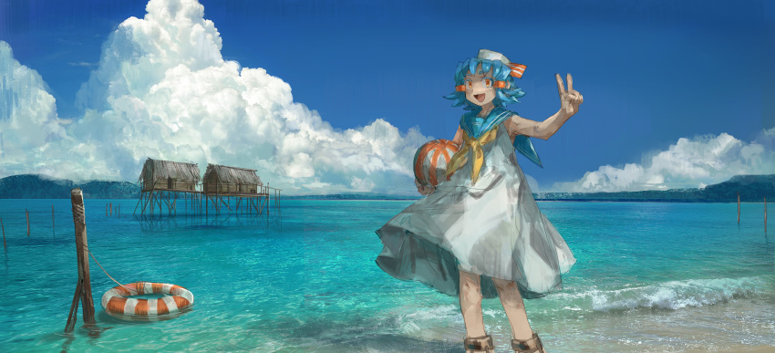 1girl :d absurdres ball bare_arms beachball blue_hair blue_sailor_collar blue_sky clouds cloudy_sky day dress feet_out_of_frame hand_up highres holding holding_ball lake lifebuoy looking_at_viewer neckerchief open_mouth orange_eyes original outdoors sailor_collar sailor_dress scenery shichigatsu short_hair sky smile solo standing stilt_house v water white_dress yellow_neckwear