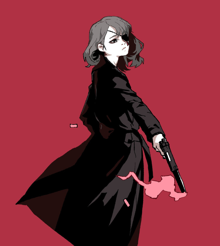 1girl black_coat black_eyes bob_cut bright_pupils closed_mouth coat eyepatch from_side gogalking grey_hair gun highres holding holding_gun holding_weapon long_sleeves one_eye_covered original pale_skin red_background simple_background smoke smoking_gun solo suppressor weapon white_pupils