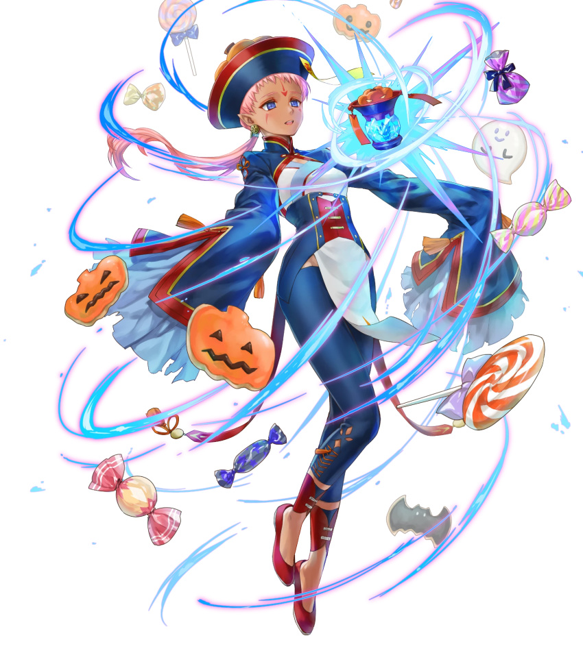 1girl alternate_costume blue_eyes detached_sleeves earrings ena_(fire_emblem) fire_emblem fire_emblem:_path_of_radiance fire_emblem:_radiant_dawn fire_emblem_heroes full_body halloween_costume hat highres jewelry kaya8 long_hair official_art pink_hair pointy_ears solo standing tied_hair wide_sleeves