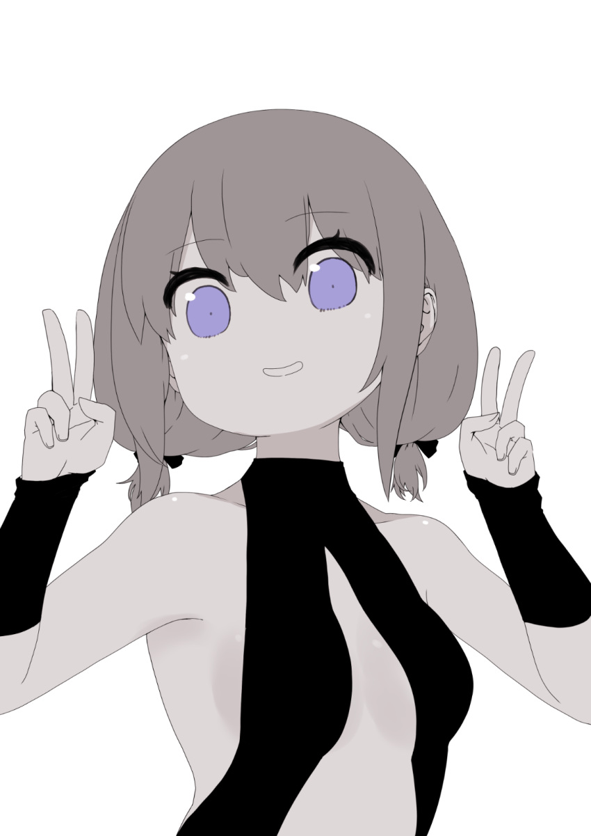 1girl bangs bare_shoulders bodysuit bow breasts collarbone dark_skin detached_sleeves double_v eyebrows_visible_through_hair fate/prototype fate/prototype:_fragments_of_blue_and_silver fate_(series) hair_between_eyes hair_bow hands_up hassan_of_serenity_(fate) highres i.u.y long_sleeves looking_at_viewer low_twintails monochrome parted_lips short_twintails simple_background sleeves_past_wrists small_breasts smile solo spot_color twintails v violet_eyes white_background