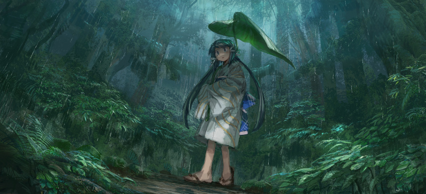 1girl absurdres blue_eyes blue_hair blue_sash forest grass grey_kimono hands_in_opposite_sleeves highres japanese_clothes kimono leaf long_sleeves looking_at_viewer low_twintails moss nature obi original parted_lips rain sandals sash scenery shichigatsu solo standing twintails walking wide_sleeves