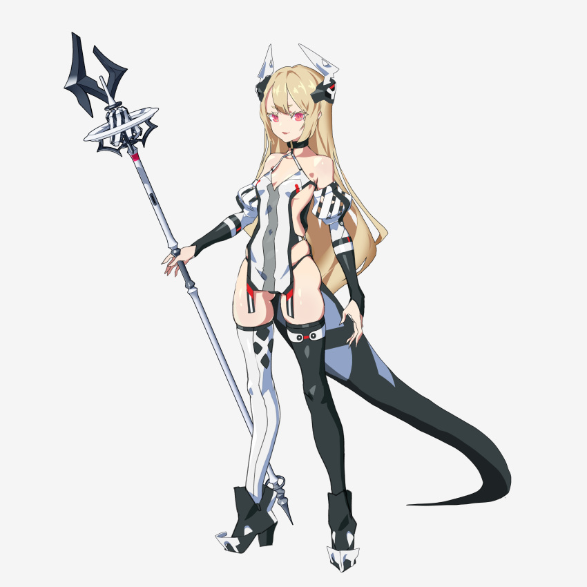 1girl absurdres ass bare_shoulders black_legwear blonde_hair breasts cancell detached_sleeves english_commentary full_body headgear high_heels highres holding holding_staff long_hair looking_at_viewer original red_eyes skindentation smile solo staff tail thigh-highs white_legwear