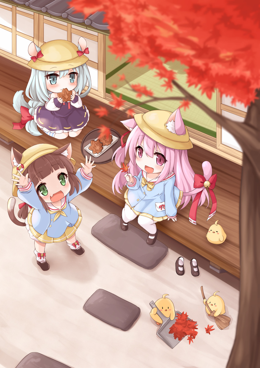 3girls :d absurdres animal_ear_fluff animal_ears architecture arms_up autumn autumn_leaves azur_lane bangs bell bird black_footwear blue_eyes blue_hair blue_shirt blunt_bangs blurry_foreground blush bow broom brown_hair cat_ears cat_tail chick commentary_request dress dustpan ears_through_headwear east_asian_architecture eating eyebrows_visible_through_hair falling_leaves fang food footwear_removed full_body green_eyes hair_between_eyes hat highres holding holding_food holding_leaf huge_filesize jingle_bell kindergarten_uniform kinomiki_(tales22) kisaragi_(azur_lane) leaf lifebuoy_ornament long_hair long_sleeves looking_up loose_socks low-tied_long_hair manjuu_(azur_lane) mikazuki_(azur_lane) multiple_girls mutsuki_(azur_lane) neckerchief off-shoulder_dress off_shoulder open_mouth pink_eyes pink_hair purple_dress ribbon school_hat shadow shirt shoes short_hair sidelocks sitting skin_fang skirt sliding_doors smile squirrel_ears squirrel_tail standing striped striped_legwear tail tail_bell tail_ornament tail_ribbon taiyaki tatami thigh-highs tree twintails veranda very_long_hair wagashi wariza white_legwear wooden_floor yellow_headwear yellow_neckwear yellow_skirt