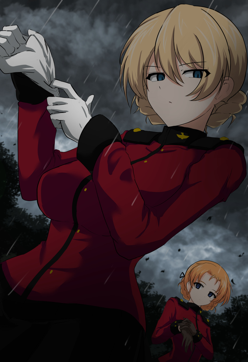 2girls absurdres adjusting_clothes adjusting_gloves aikir_(jml5160) black_skirt blonde_hair blue_eyes braid brown_gloves clouds cloudy_sky darjeeling_(girls_und_panzer) dutch_angle forest french_braid girls_und_panzer gloves green_eyes hair_between_eyes highres jacket looking_at_viewer multiple_girls nature orange_pekoe_(girls_und_panzer) rain red_jacket skirt sky st._gloriana's_military_uniform tree white_gloves