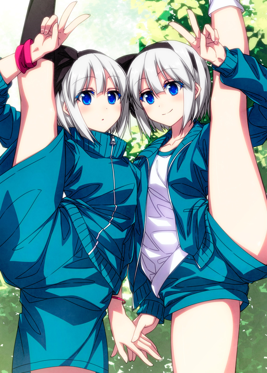 2girls :o bangs black_hairband black_ribbon blue_eyes blue_jacket blue_shorts blush closed_mouth colored_eyelashes day dual_persona eyebrows_visible_through_hair hair_between_eyes hair_ribbon hairband high_collar highres holding_hands jacket konpaku_youmu leg_up long_sleeves looking_at_viewer multiple_girls open_clothes open_jacket outdoors parted_lips ribbon sazanami_mio shirt short_hair shorts silver_hair smile split standing standing_on_one_leg standing_split thighs touhou track_jacket unzipped v white_shirt wristband zipper_pull_tab