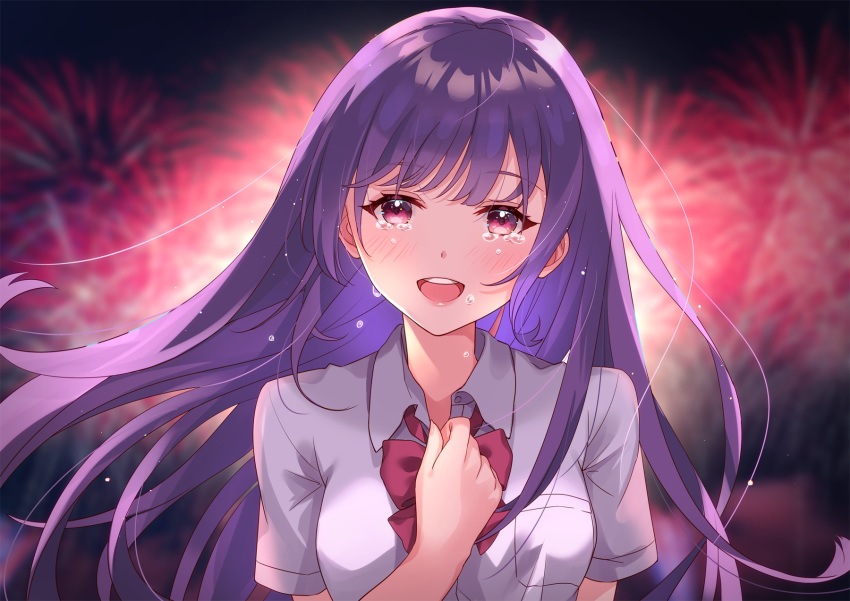 1girl :d backlighting bangs blurry blurry_background blush bow bowtie breast_pocket collared_shirt commentary_request crying crying_with_eyes_open depth_of_field dress_shirt eyebrows_visible_through_hair fireworks fujishiro_kokoa hand_on_own_chest happy_tears highres long_hair night open_mouth original outdoors pink_bow pink_eyes pink_neckwear pocket purple_hair round_teeth shirt short_sleeves smile solo tears teeth upper_body upper_teeth white_shirt
