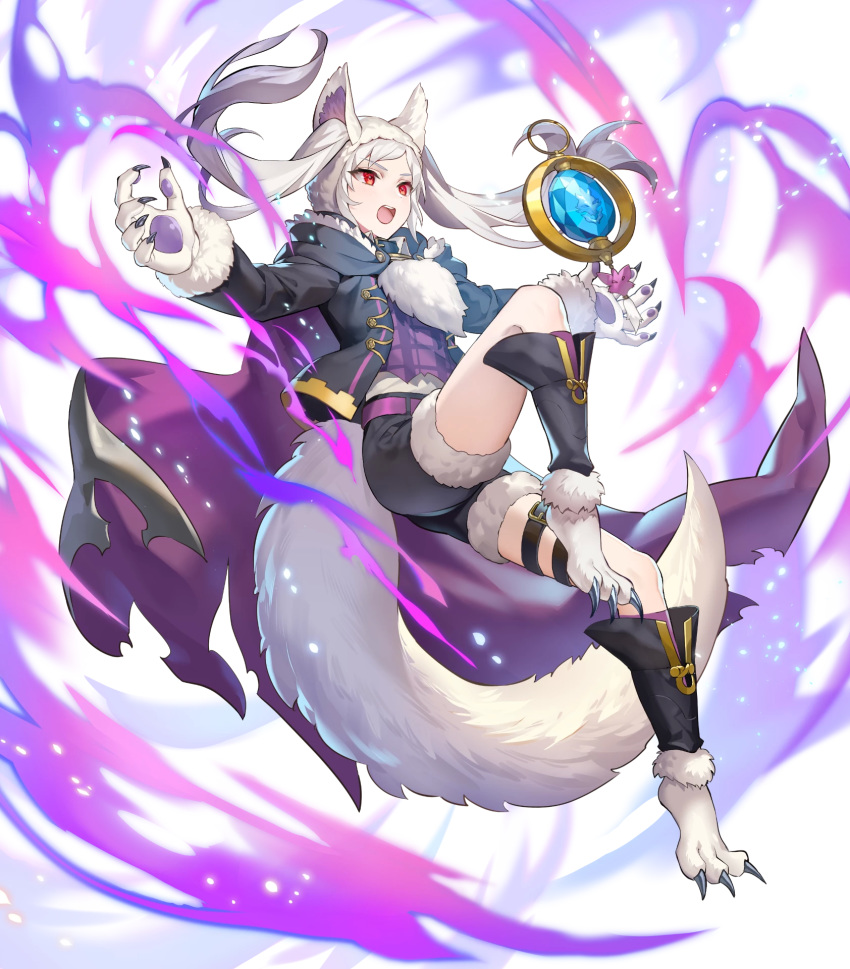 1girl alternate_costume animal_ears fire_emblem fire_emblem_awakening fire_emblem_heroes grima_(fire_emblem) halloween_costume highres long_hair official_art red_eyes robin_(fire_emblem) robin_(fire_emblem)_(female) shorts solo tail teffish tied_hair transparent_background twintails white_hair wolf_ears wolf_tail