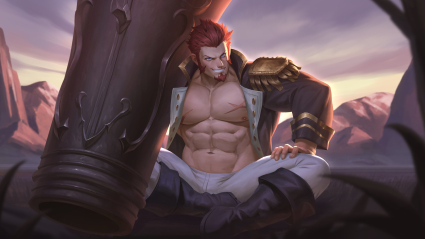 1boy abs absurdres bara bare_chest blue_eyes boots brown_hair cannon chest chest_scar collar commission crossed_legs epaulettes facial_hair fate/grand_order fate_(series) fringe_trim full_body goatee grin highres huge_weapon jacket long_sleeves looking_at_viewer male_focus manly military military_uniform mountain muscle napoleon_bonaparte_(fate/grand_order) nat_vitchayed navel nipples open_clothes open_jacket open_shirt pants scar short_hair sideburns smile solo sunrise thick_thighs thighs tight uniform weapon white_pants
