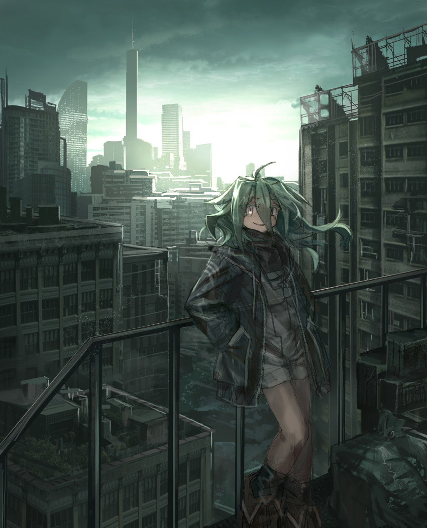 1girl against_railing ahoge ankle_boots black_jacket black_legwear boots brown_footwear building cityscape green_hair grey_eyes hands_in_pockets highres jacket long_sleeves looking_at_viewer open_clothes open_jacket original scenery shichigatsu shirt skyscraper smile socks solo white_shirt