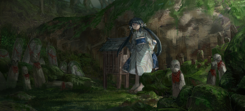 1girl absurdres barefoot blue_eyes blue_hair blue_sash closed_mouth grass grey_kimono highres japanese_clothes kimono long_hair looking_at_viewer low_twintails obi original sash shichigatsu solo standing statue twintails