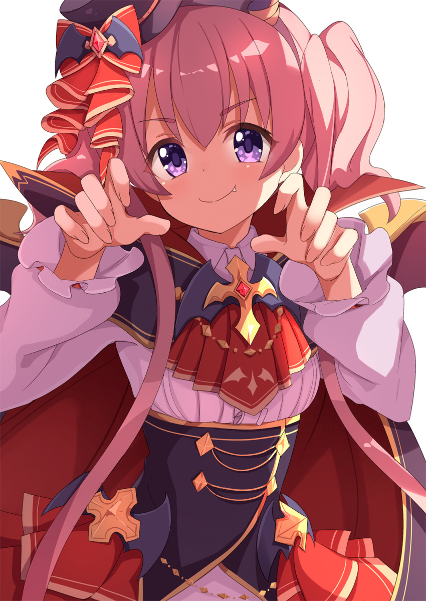 &gt;:) 1girl ame. ascot bangs black_cape black_headwear bow cape closed_mouth commentary_request eyebrows_visible_through_hair fang fang_out hair_between_eyes hair_bow hands_up hat highres long_sleeves looking_at_viewer pink_hair princess_connect! princess_connect!_re:dive puffy_long_sleeves puffy_sleeves red_bow red_cape red_neckwear shirt simple_background smile solo tilted_headwear tsumugi_(princess_connect!) twintails v-shaped_eyebrows violet_eyes white_background white_shirt