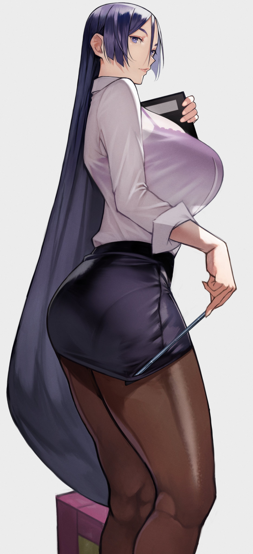 1girl absurdres ass bangs black_skirt breasts closed_mouth fate_(series) highres large_breasts long_hair looking_at_viewer minamoto_no_raikou_(fate/grand_order) miniskirt pantyhose parted_bangs pointer purple_hair see-through shiny shiny_clothes shiny_hair shirt skirt teacher thighs very_long_hair violet_eyes white_shirt yoshio_(55level)