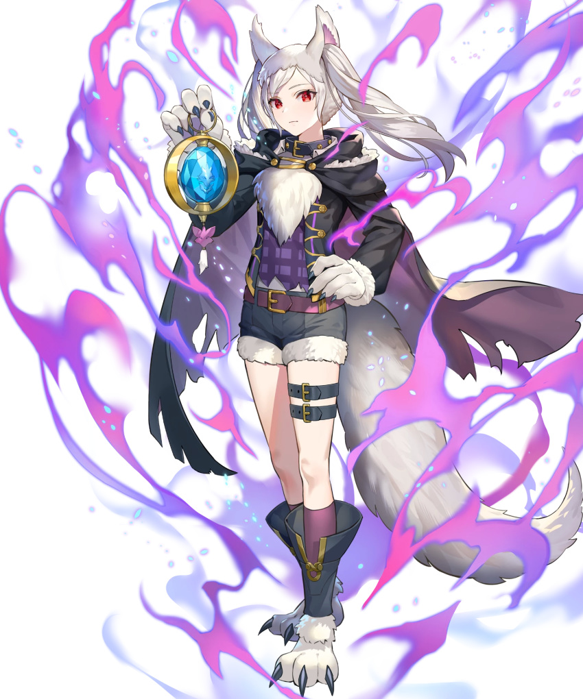 1girl alternate_costume animal_ears fire_emblem fire_emblem_awakening fire_emblem_heroes grima_(fire_emblem) halloween_costume highres long_hair official_art red_eyes robin_(fire_emblem) robin_(fire_emblem)_(female) shorts solo tail teffish tied_hair transparent_background twintails white_hair wolf_ears wolf_tail