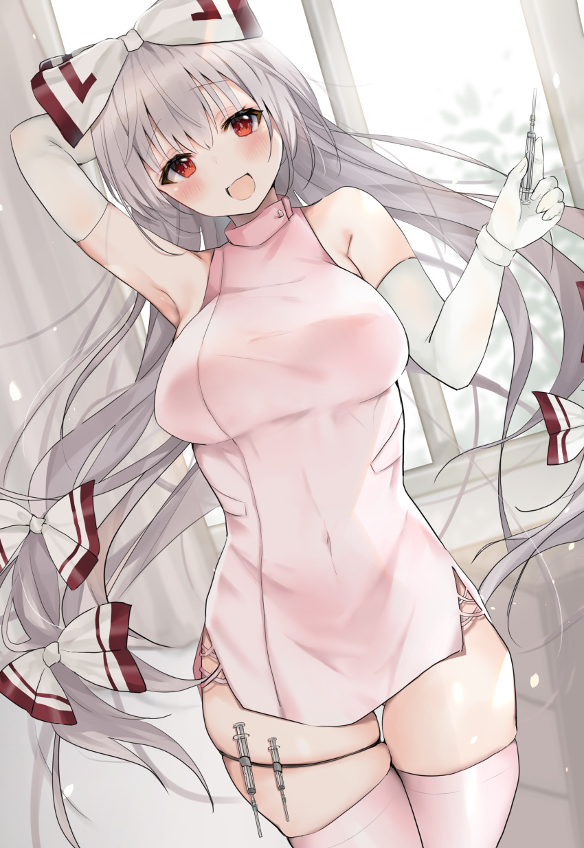 1girl absurdres alternate_costume arm_behind_head armpits bangs bare_shoulders blush bow breasts commentary covered_navel elbow_gloves eyebrows_visible_through_hair fujiwara_no_mokou gloves hair_bow highres hiiro60 holding holding_syringe indoors large_breasts leg_garter long_hair looking_at_viewer nurse open_mouth pink_clothes pink_legwear red_eyes sidelocks silver_hair skindentation smile solo standing syringe thigh-highs thigh_gap thighs touhou very_long_hair white_bow white_gloves window wristband