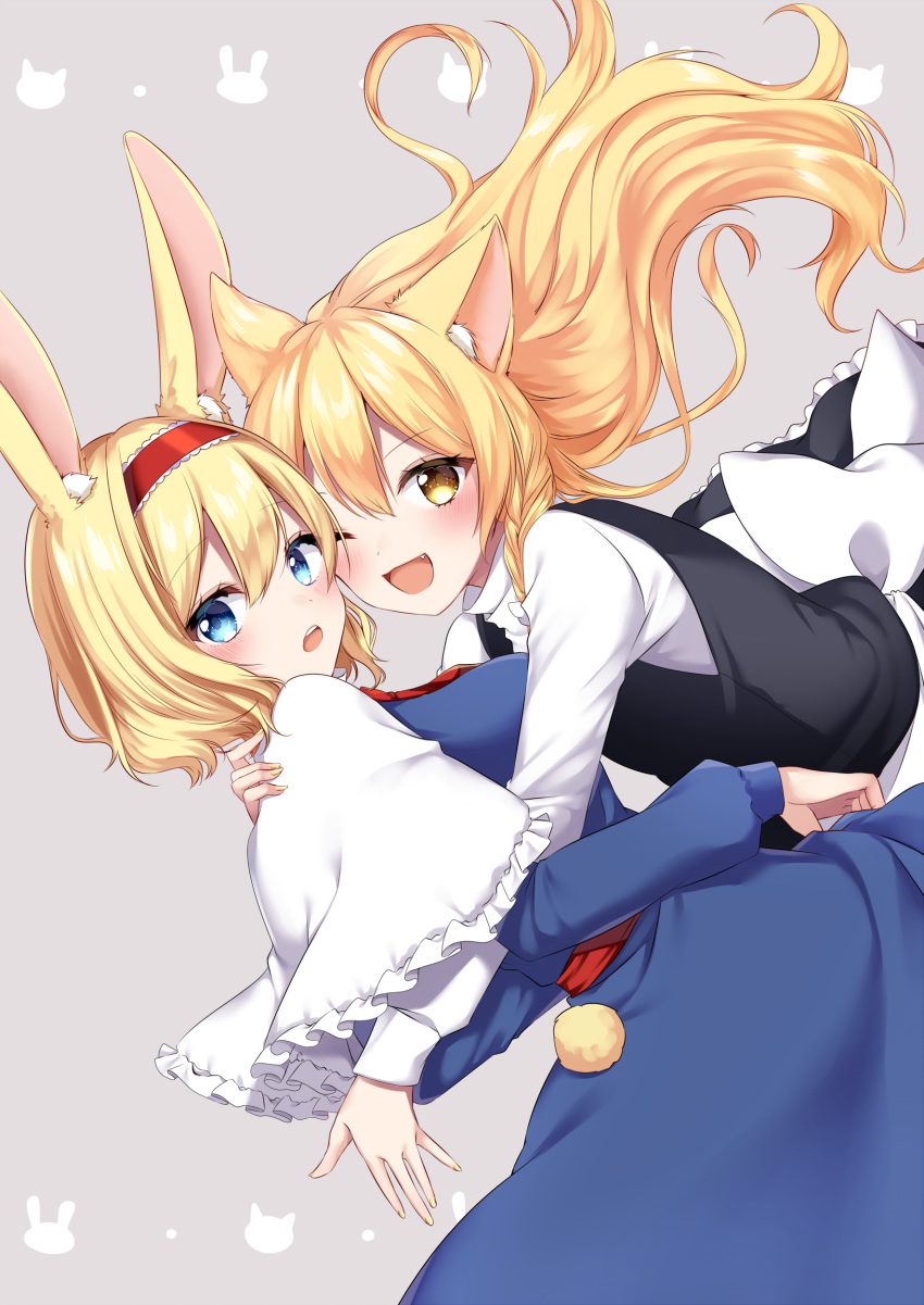 2girls :o ;d absurdres alice_margatroid animal_ears apron back_bow bangs black_dress blonde_hair blue_dress blue_eyes blush bow braid breasts bunny_girl bunny_tail capelet cat_ears cat_girl dress dutch_angle eyebrows_visible_through_hair fang frilled_capelet frills grey_background hairband highres hug kemonomimi_mode kirisame_marisa long_hair long_sleeves looking_at_viewer medium_breasts multiple_girls no_hat no_headwear one_eye_closed open_mouth rabbit_ears red_hairband shiki_(s1k1xxx) short_hair side_braid simple_background smile tail touhou very_long_hair waist_apron white_apron white_bow white_capelet yellow_eyes