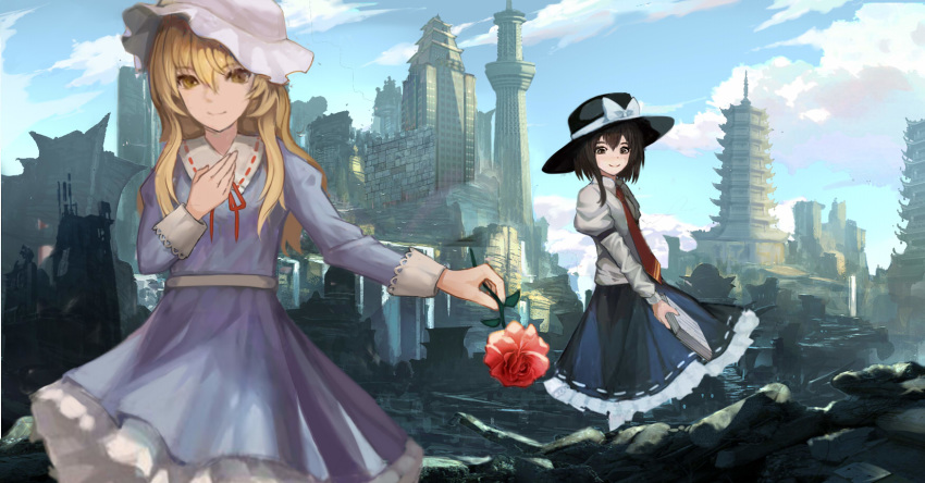 2girls arm_belt black_eyes black_skirt blonde_hair blue_dress blue_sky book brown_hair chinese_commentary city cityscape clouds commentary_request day dress fedora flower gudadan hair_between_eyes hand_on_own_chest hat hat_ribbon highres holding holding_book holding_flower long_sleeves maribel_hearn mob_cap multiple_girls necktie outdoors pagoda petticoat purple_dress red_neckwear ribbon ruins shirt skirt sky smile standing touhou usami_renko white_shirt yellow_eyes
