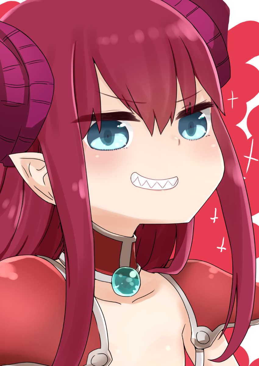 1girl armor bangs blue_eyes blush collarbone elizabeth_bathory_(brave)_(fate) elizabeth_bathory_(fate)_(all) eyebrows_visible_through_hair fate/grand_order fate_(series) grin hair_between_eyes highres i.u.y long_hair looking_at_viewer pauldrons pointy_ears red_background redhead sharp_teeth shoulder_armor sidelocks smile solo teeth two-tone_background upper_body v-shaped_eyebrows white_background