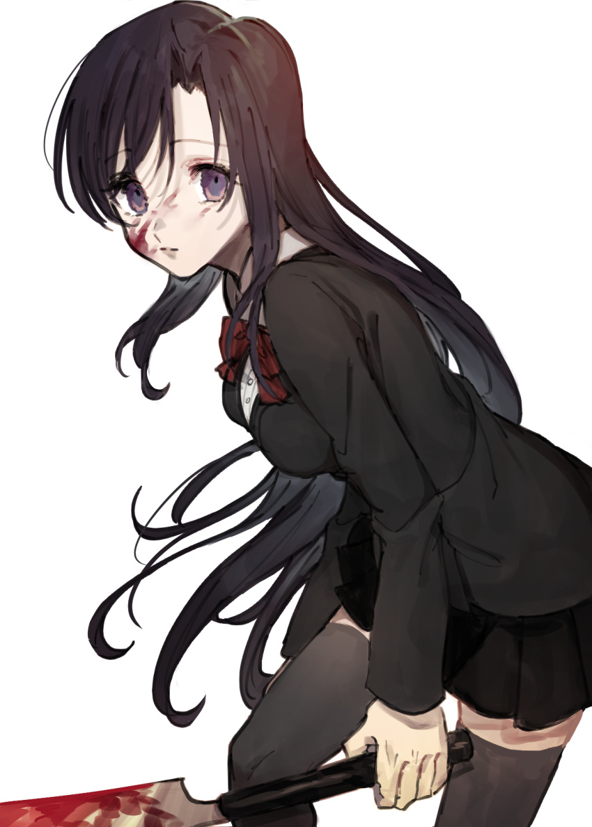 1girl black_jacket black_skirt blood blood_on_face bow closed_mouth eyebrows_visible_through_hair grey_legwear hatchet highres jacket katsura_kotonoha kuroge_(kewagyuu) long_sleeves miniskirt pleated_skirt purple_hair red_bow school_days school_uniform simple_background skirt solo thigh-highs violet_eyes white_background zettai_ryouiki