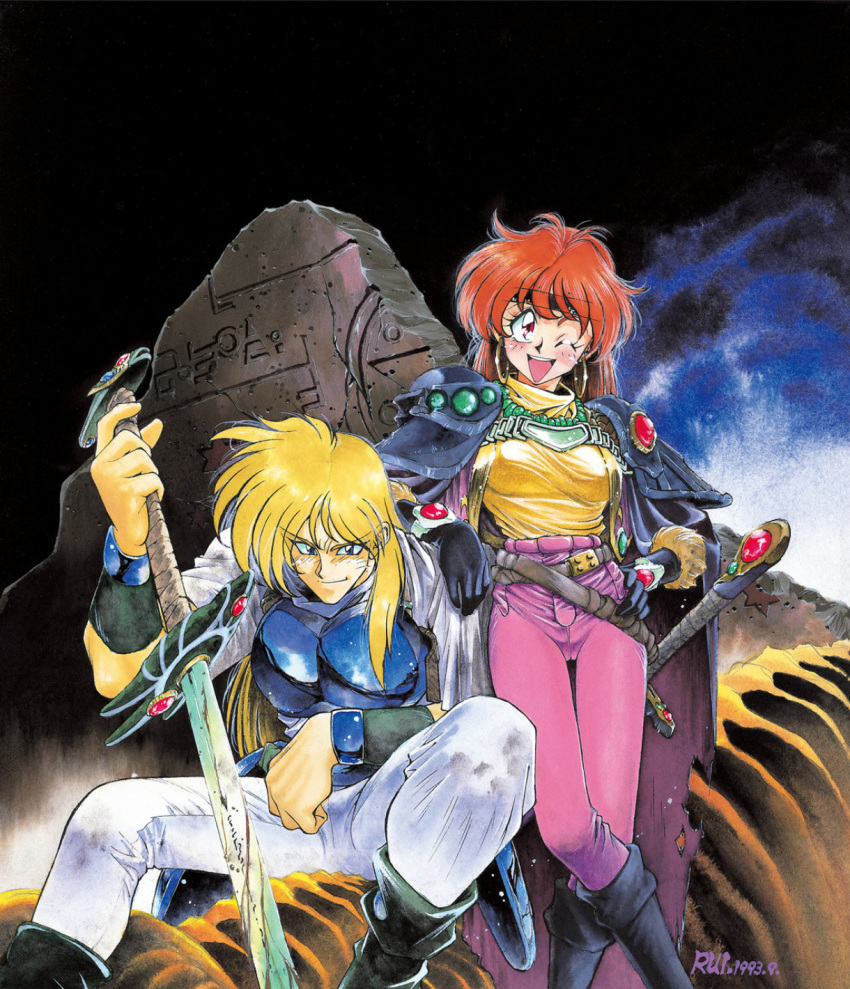 1990s_(style) 1993 1boy 1girl araizumi_rui armor bead_necklace beads belt blonde_hair blue_eyes boots breastplate dated earrings fraud gourry_gabriev hand_on_another's_shoulder highres holding holding_sword holding_weapon hoop_earrings jewelry lina_inverse long_hair necklace official_art one_eye_closed open_mouth pauldrons red_eyes redhead shirt_tucked_in shoulder_armor sitting slayers smile standing sword traditional_media watercolor_(medium) weapon