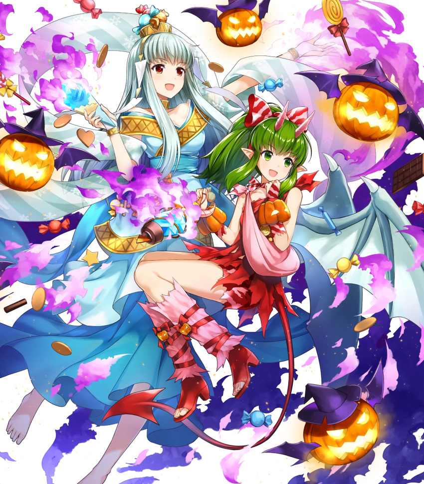 2girls amagai_tarou bangs bare_shoulders barefoot breasts candy chocolate chocolate_bar demon_tail dress eyebrows_visible_through_hair fire_emblem fire_emblem:_mystery_of_the_emblem fire_emblem:_the_blazing_blade fire_emblem_heroes floating floating_object food full_body green_eyes green_hair hair_ornament halloween_costume highres holding horns long_dress long_hair looking_away medium_breasts multiple_girls ninian_(fire_emblem) official_art open_mouth open_toe_shoes pointy_ears ponytail red_dress red_eyes shiny shiny_hair short_dress sidelocks silver_hair sleeveless smile snowflake_print tail tied_hair tiki_(fire_emblem) toes transparent_background wings