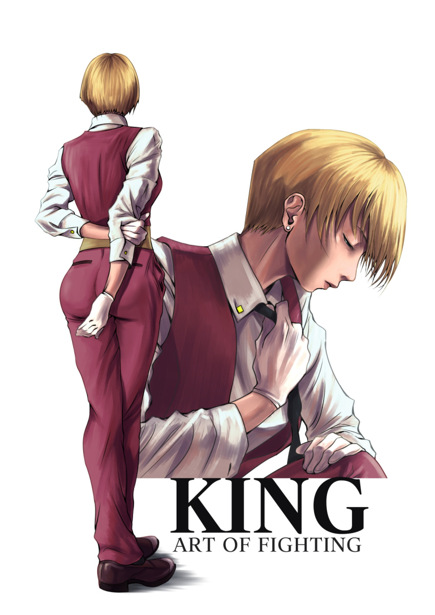 1girl black_neckwear blonde_hair brown_footwear character_name copyright_name earrings facing_away gloves highres jewelry king_(snk) mimiyama_kiichi pants photo-referenced profile ryuuko_no_ken short_hair standing the_king_of_fighters vest white_background white_gloves