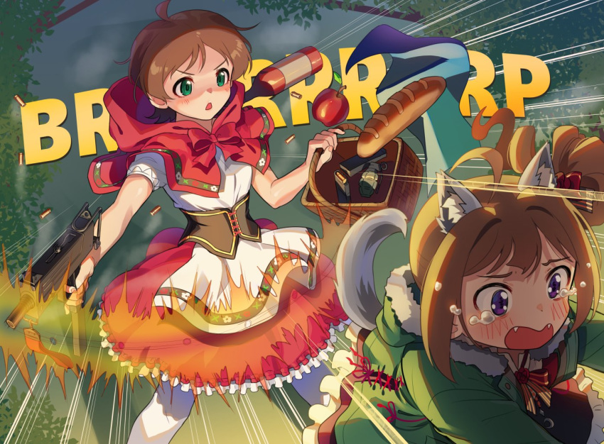 2girls animal_ears apple big_bad_wolf_(grimm) bottle bread brown_hair crying explosive fangs firing food fruit genderswap genderswap_(mtf) green_eyes grenade gun holding holding_gun holding_weapon kamille_(vcx68) little_red_riding_hood little_red_riding_hood_(grimm) magazine_(weapon) multiple_girls open_mouth personification running short_hair tail violet_eyes weapon wolf_ears wolf_tail