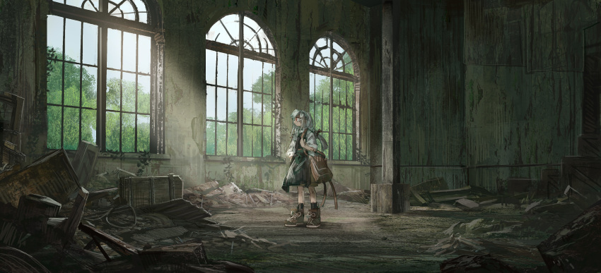 1girl absurdres ankle_boots bag boots brown_footwear brown_shorts closed_mouth highres indoors original ponytail red_eyes ruins scenery shichigatsu shirt shorts shoulder_bag solo standing tabard white_hair white_shirt window