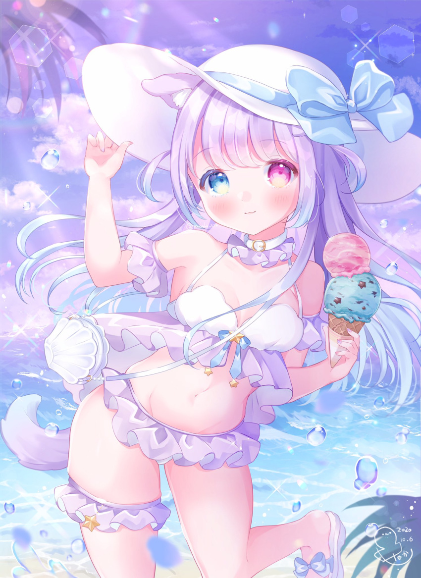 1girl animal_ears arm_garter bikini blue_bow blue_eyes blue_hair bow breasts choker clouds dog_ears dog_tail food garters gradient_hair groin hat hat_bow heterochromia highres ice_cream long_hair multicolored_hair navel ocean omochi_monaka original purple_hair red_eyes sky slippers small_breasts solo standing standing_on_one_leg swimsuit tail white_bikini