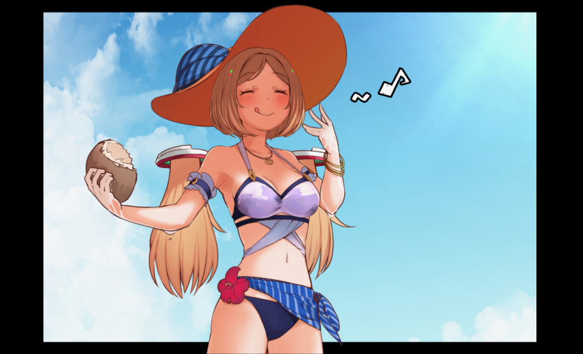 1girl aki_rosenthal bangs bikini blonde_hair blush bob_cut bracelet breasts closed_eyes detached_hair eyebrows_visible_through_hair hat hololive jewelry low_twintails medium_breasts necklace parted_bangs short_hair smile solo swimsuit tenbin_gashira twintails virtual_youtuber