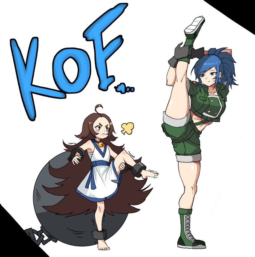 2girls absurdres ball_and_chain barefoot bell blue_eyes blue_hair brown_hair chang_koehan flexible forehead full_body genderswap green_jacket green_shorts height_difference highres iron_ball jacket jingle_bell legs leona_heidern loli midriff multiple_girls ponytail pretty_chang romaji_text shorts smile split standing standing_on_one_leg standing_split the_king_of_fighters the_king_of_fighters_all-stars yanggaengwang
